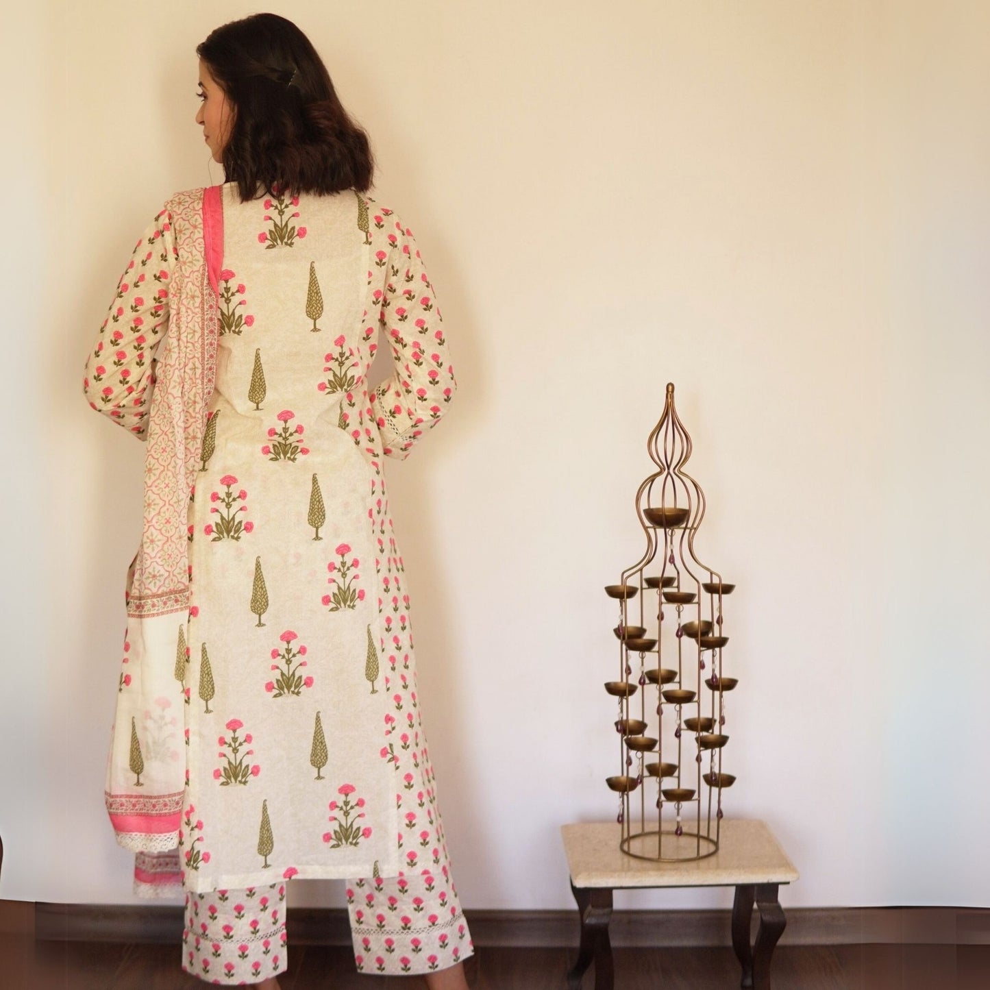 Pink A-line Kali mughal printed Suit Set with dupatta