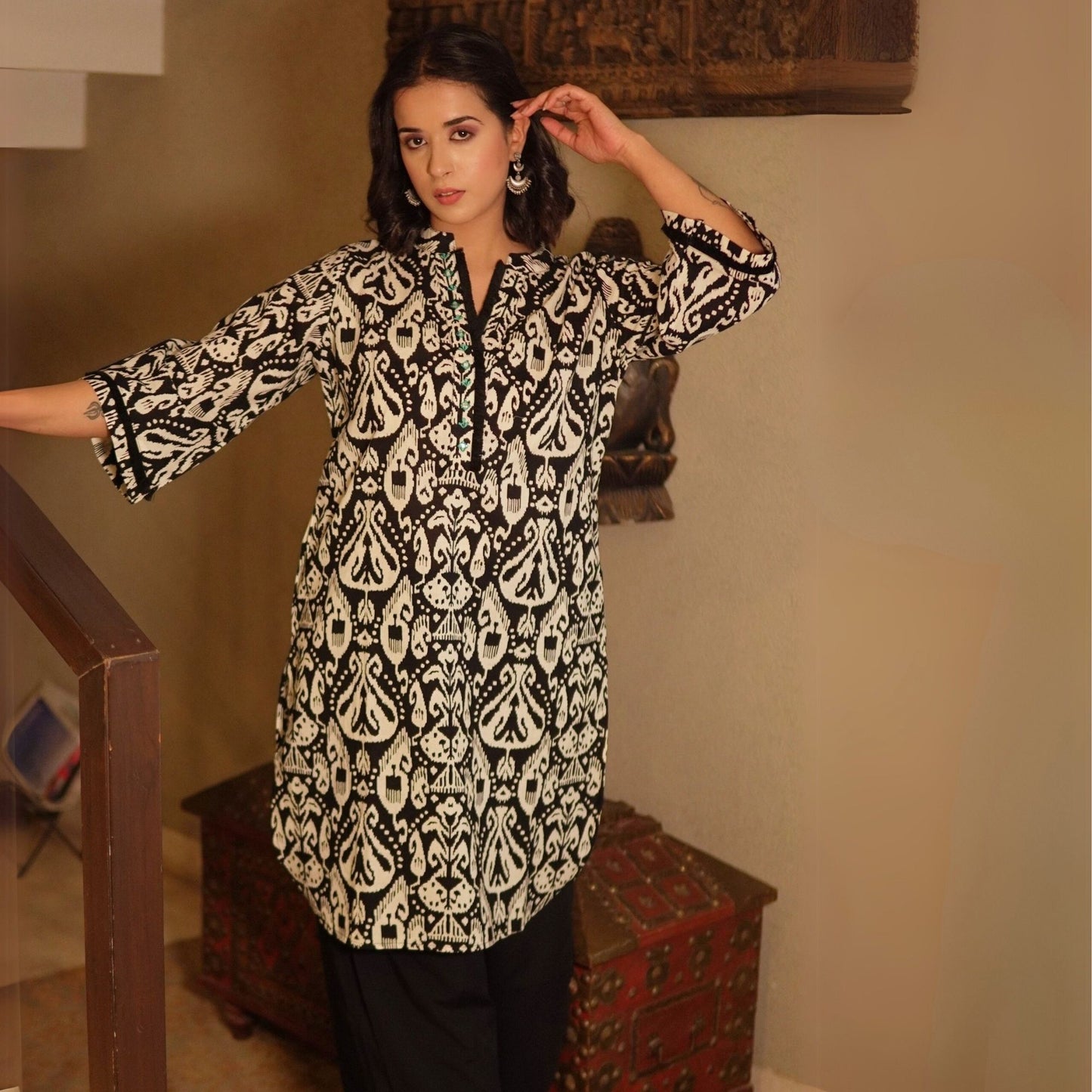 Black ikat printed kurta with overlapped pants