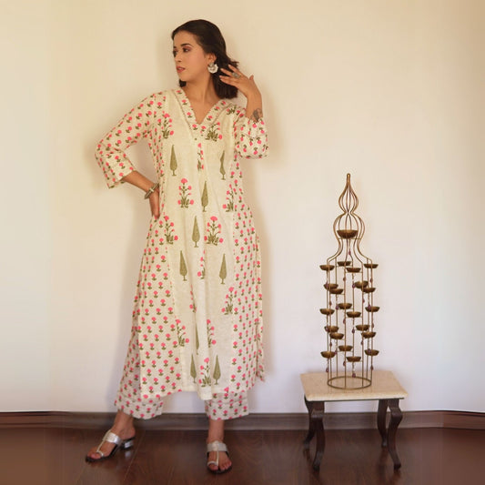Pink A-line Kali mughal printed Kurta