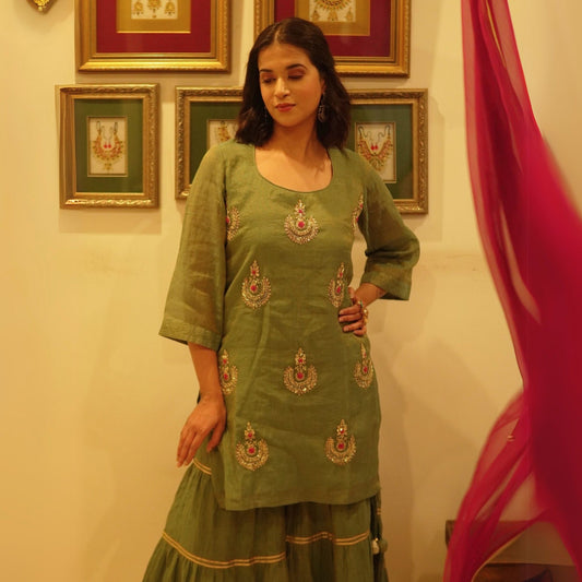 Green hand embroidered tissue Chanderi sharara set