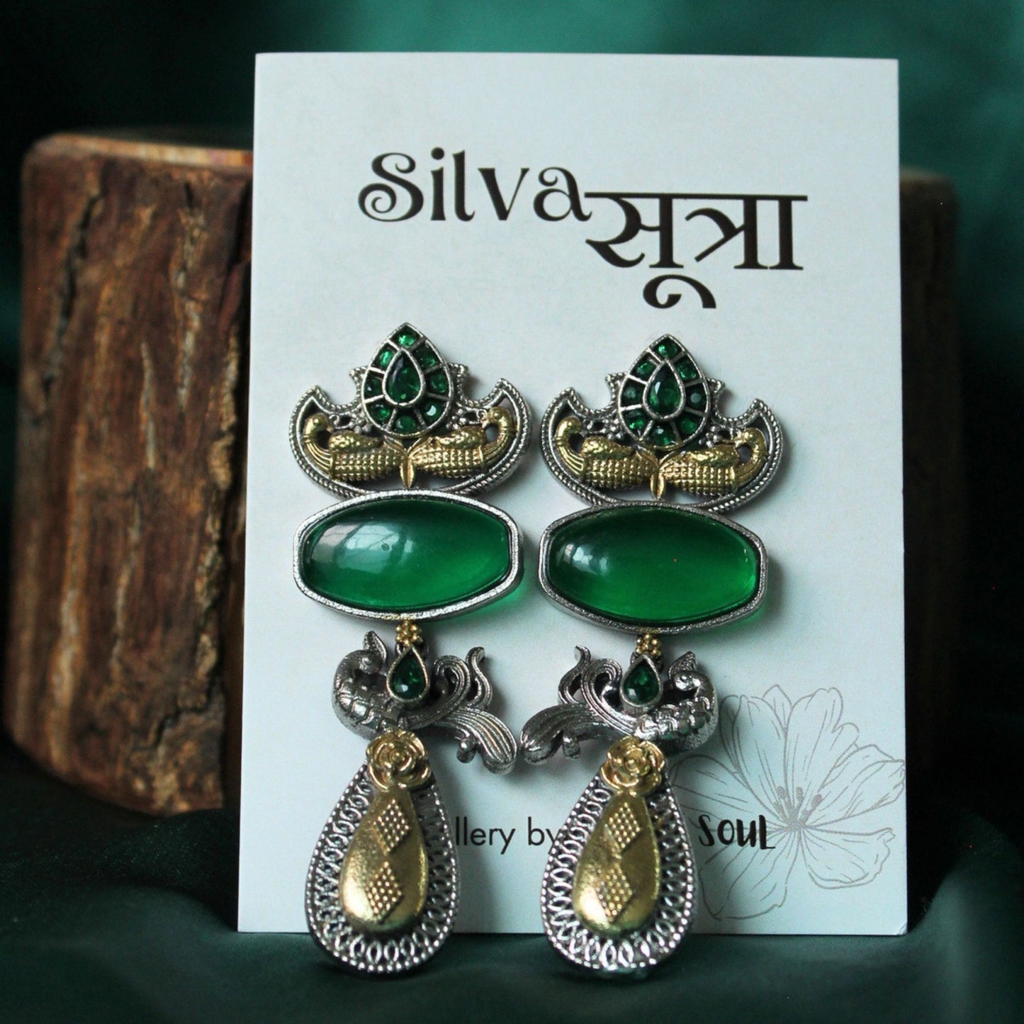 Emerald Green Dual Tone Stone Brass Drop Earrings