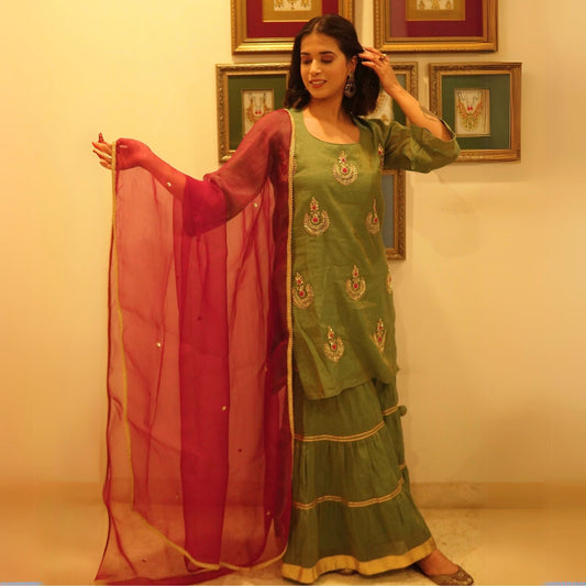 Green hand embroidered tissue sharara set with Dupatta
