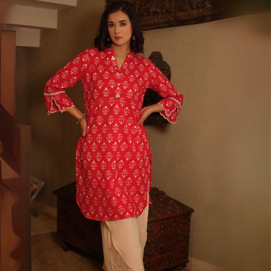 Red Floral Cotton Kurta