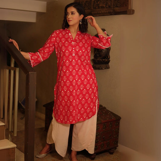 Red Floral Cotton Kurta with Modal Overlap Pants