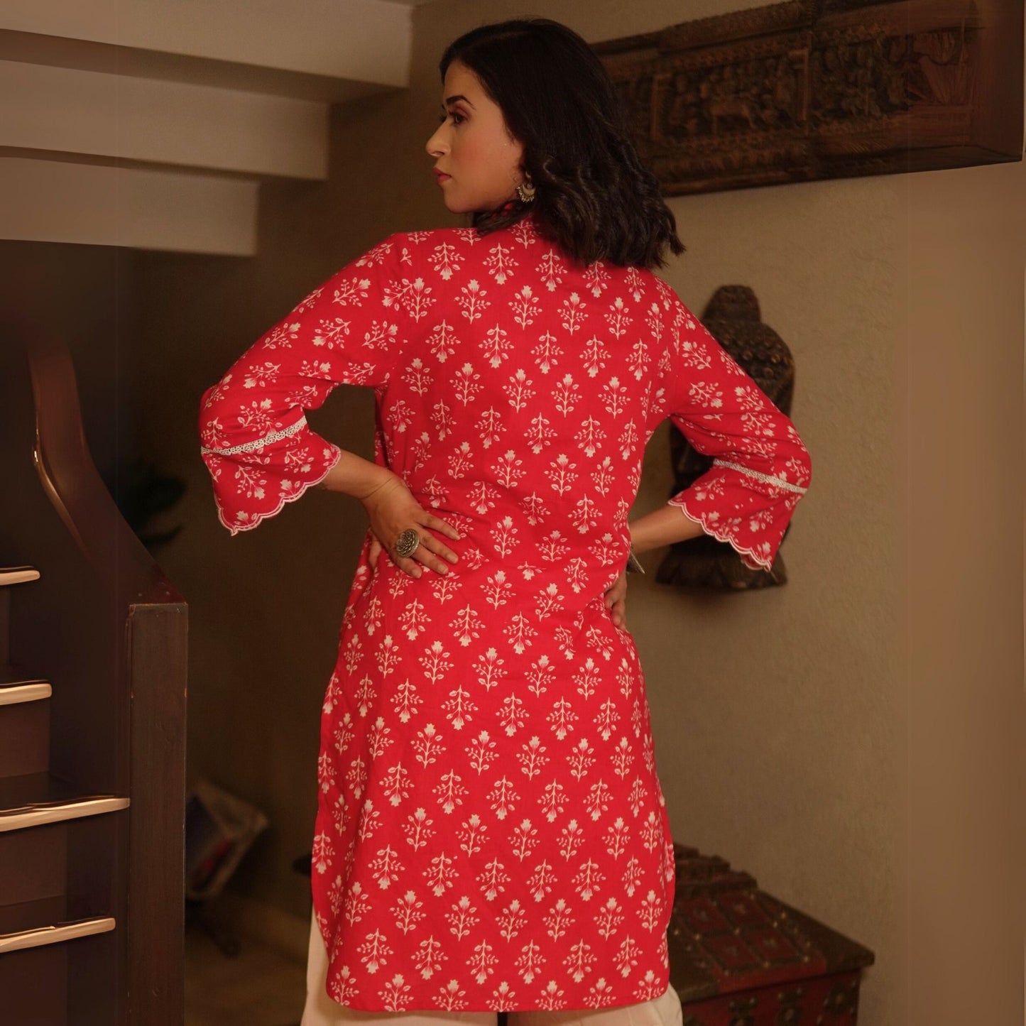 Red Floral Cotton Kurta