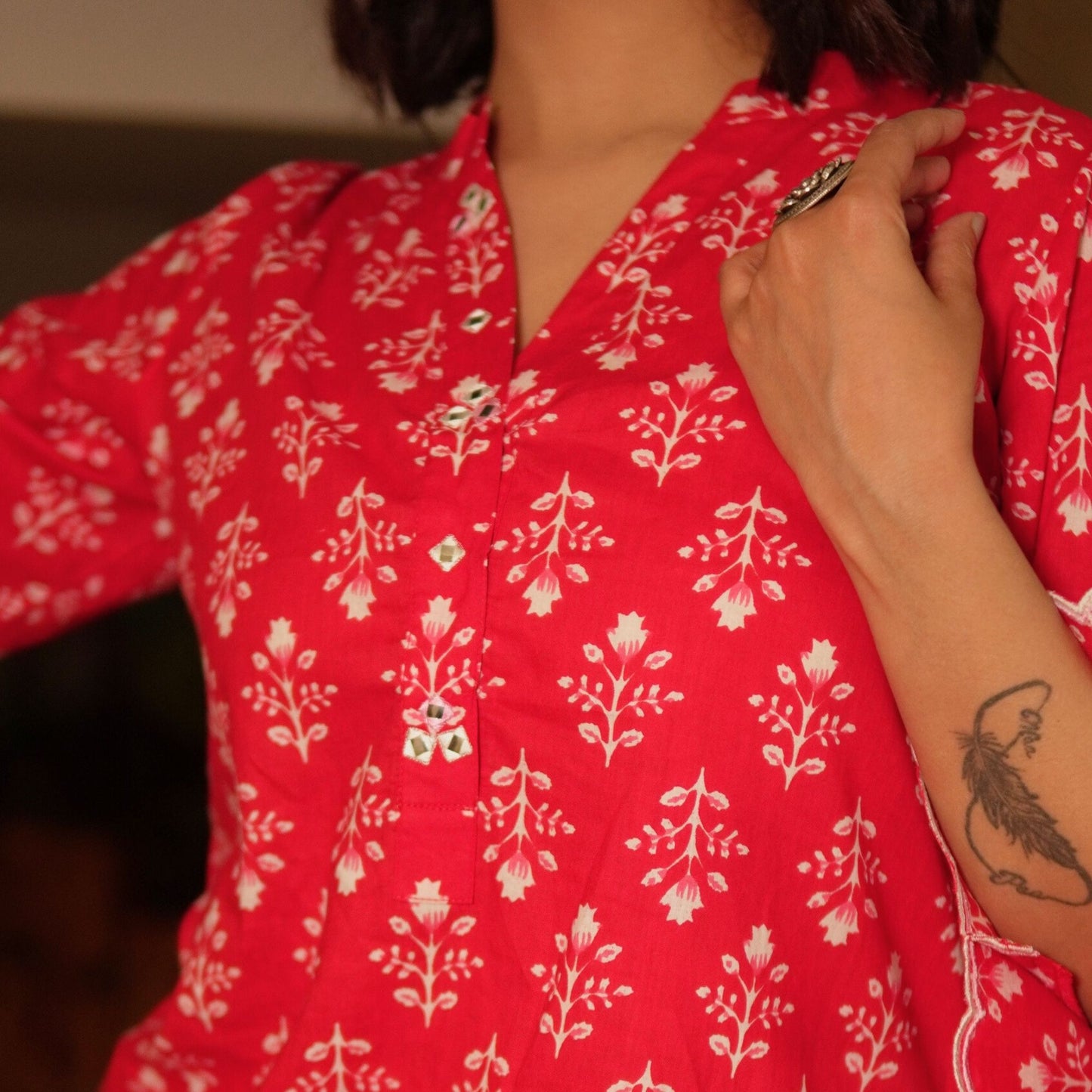 Red Floral Cotton Kurta
