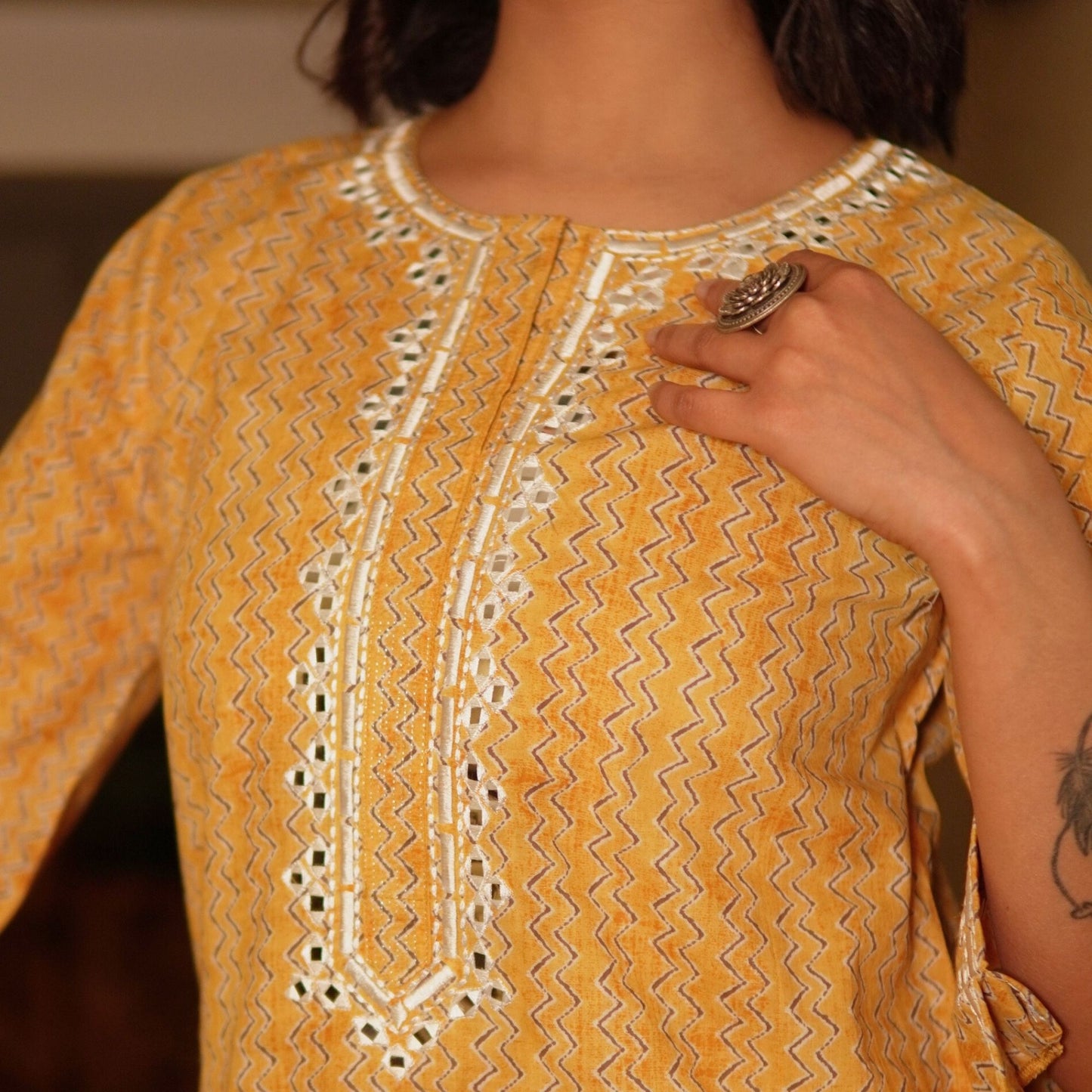 Yellow zig zag printed kurta