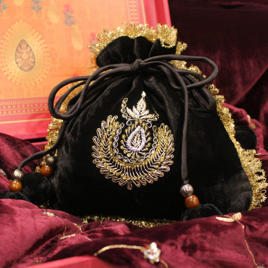 Black velvet hand embroidered Potli bag