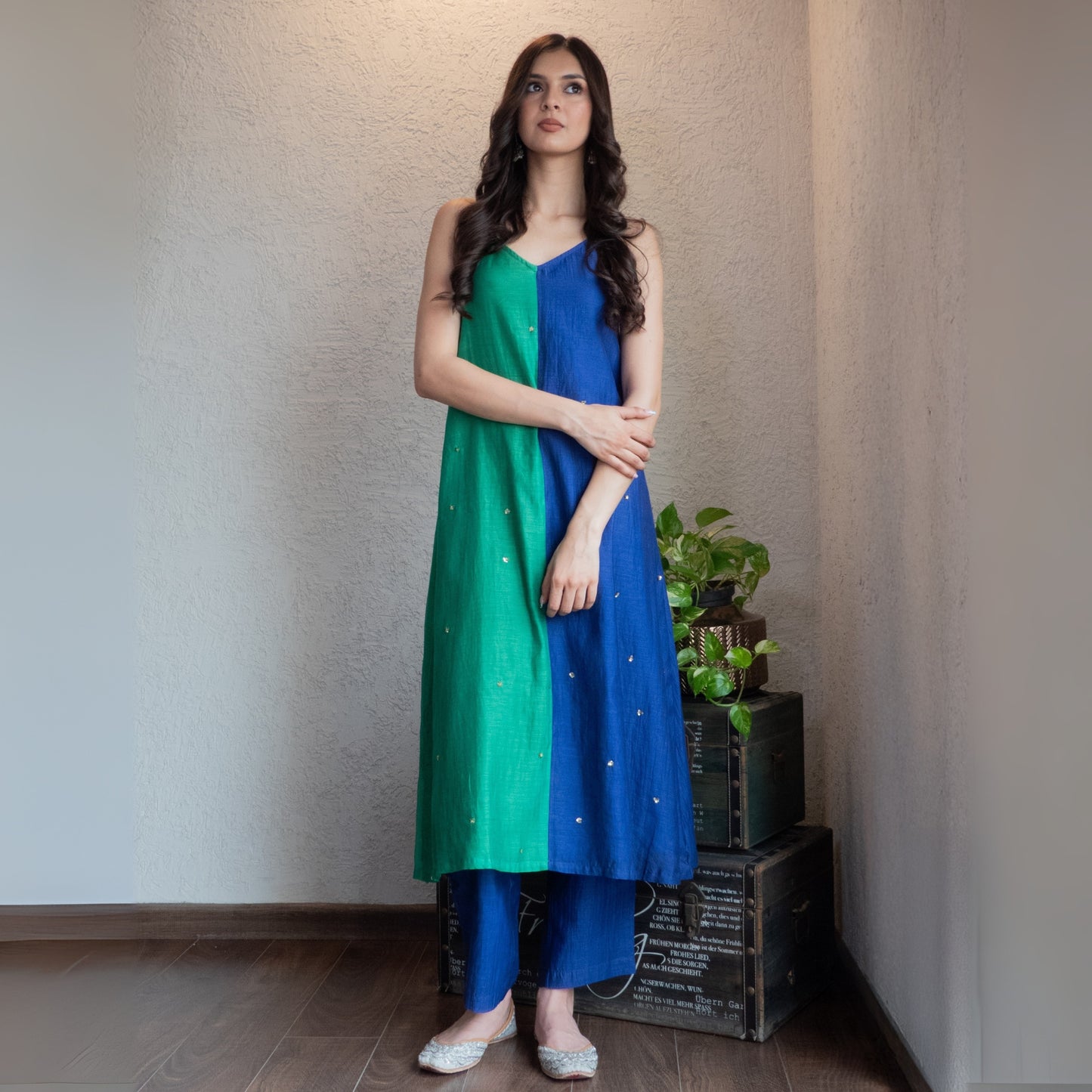 Blue and Green Colorlock Sequin embroidered Kurta