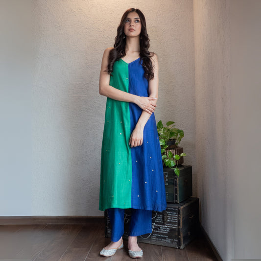 Blue and Green Colorlock Sequin embroidered Kurta