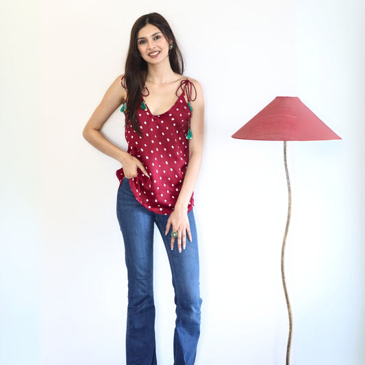 Bandhani Tie-Up Top in Wine