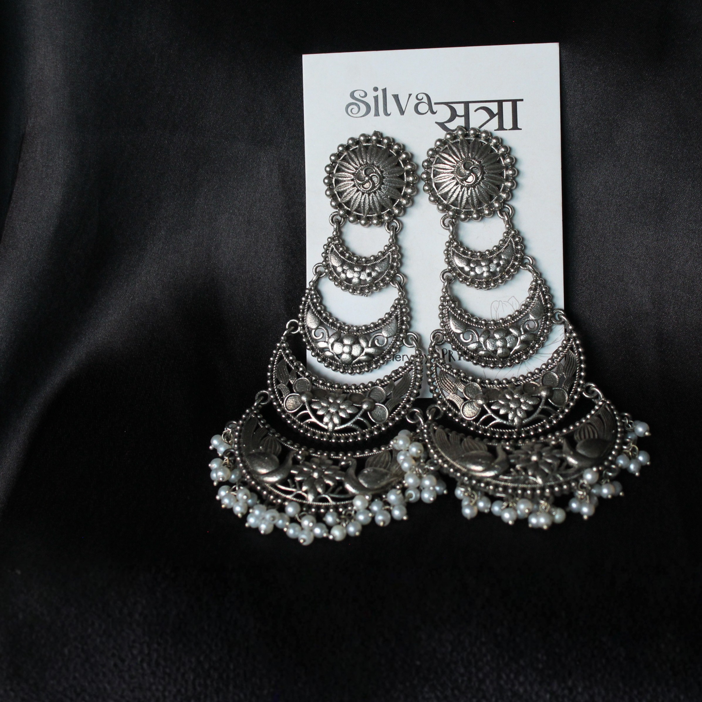 Oxidised Silver Handcrafted Brass Pearl Earrings