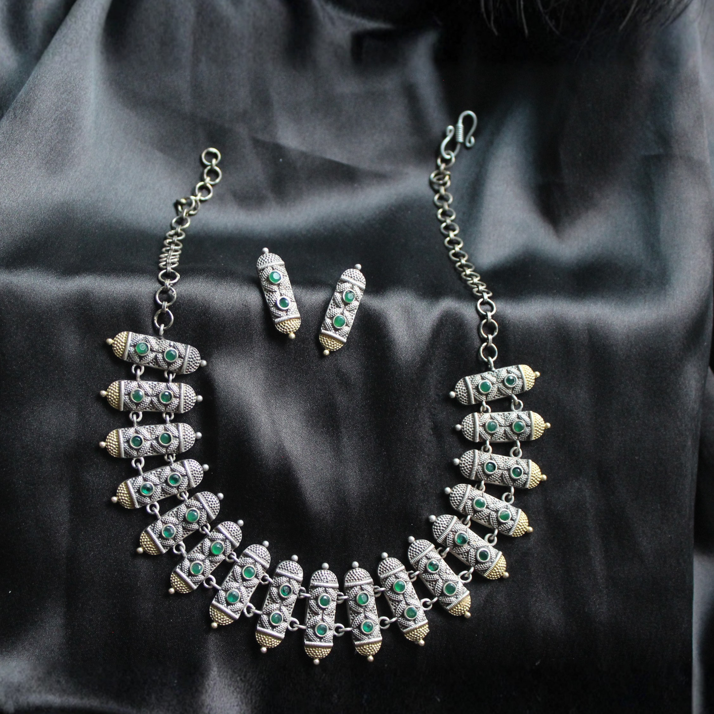 Green Dual Tone Stone Brass Choker Necklace Set