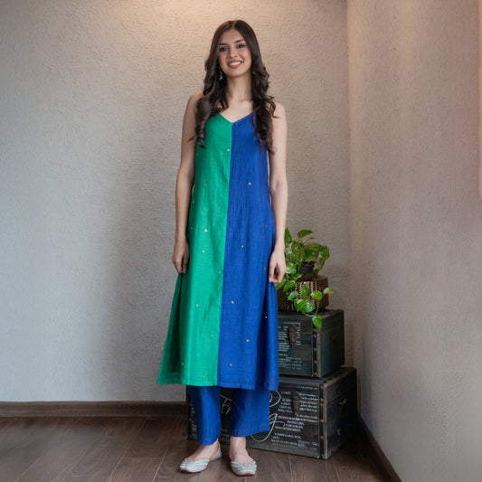 Green & Blue colourblock Chanderi Kurta Set