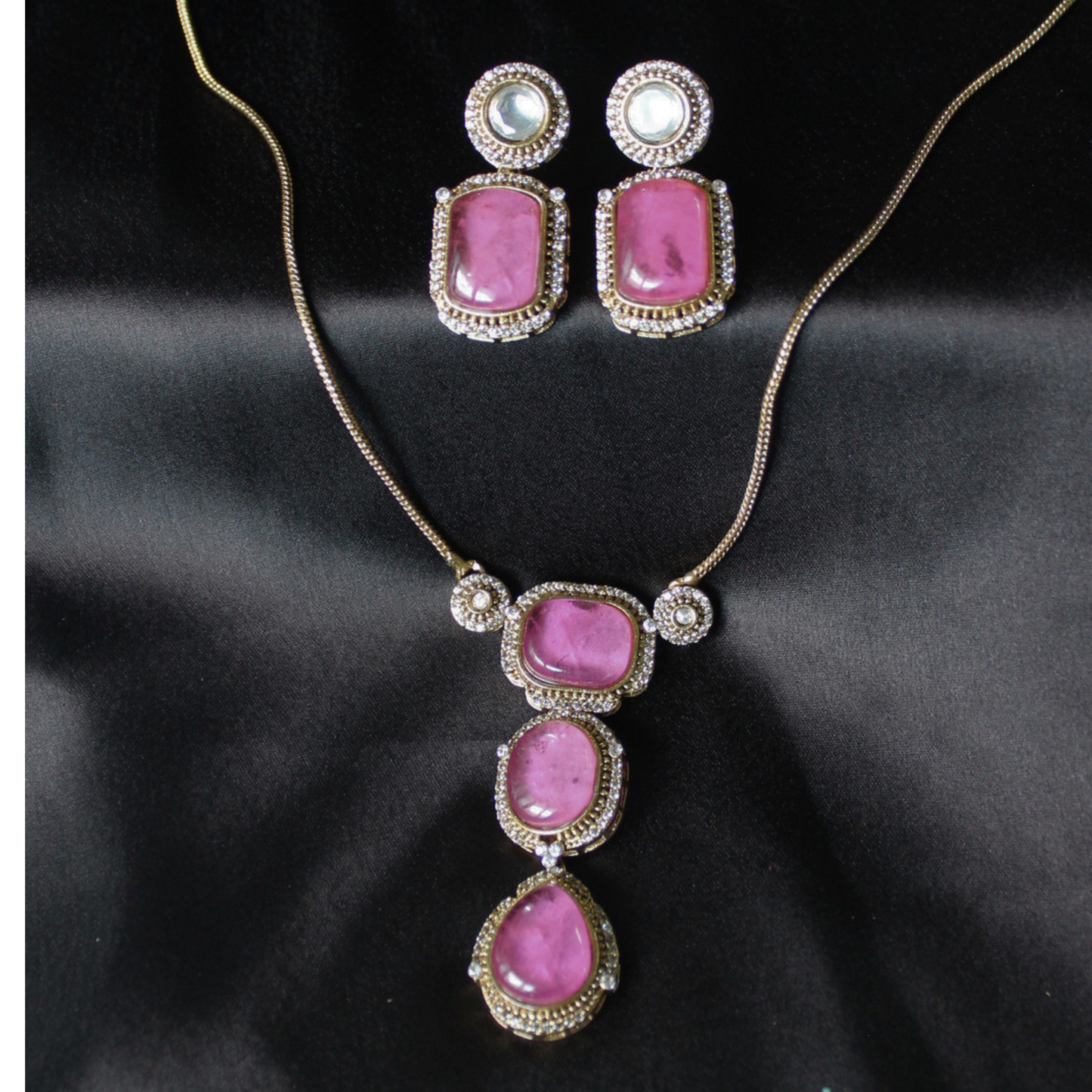 Pink Stone Gold Tone Brass Pendant Necklace Set