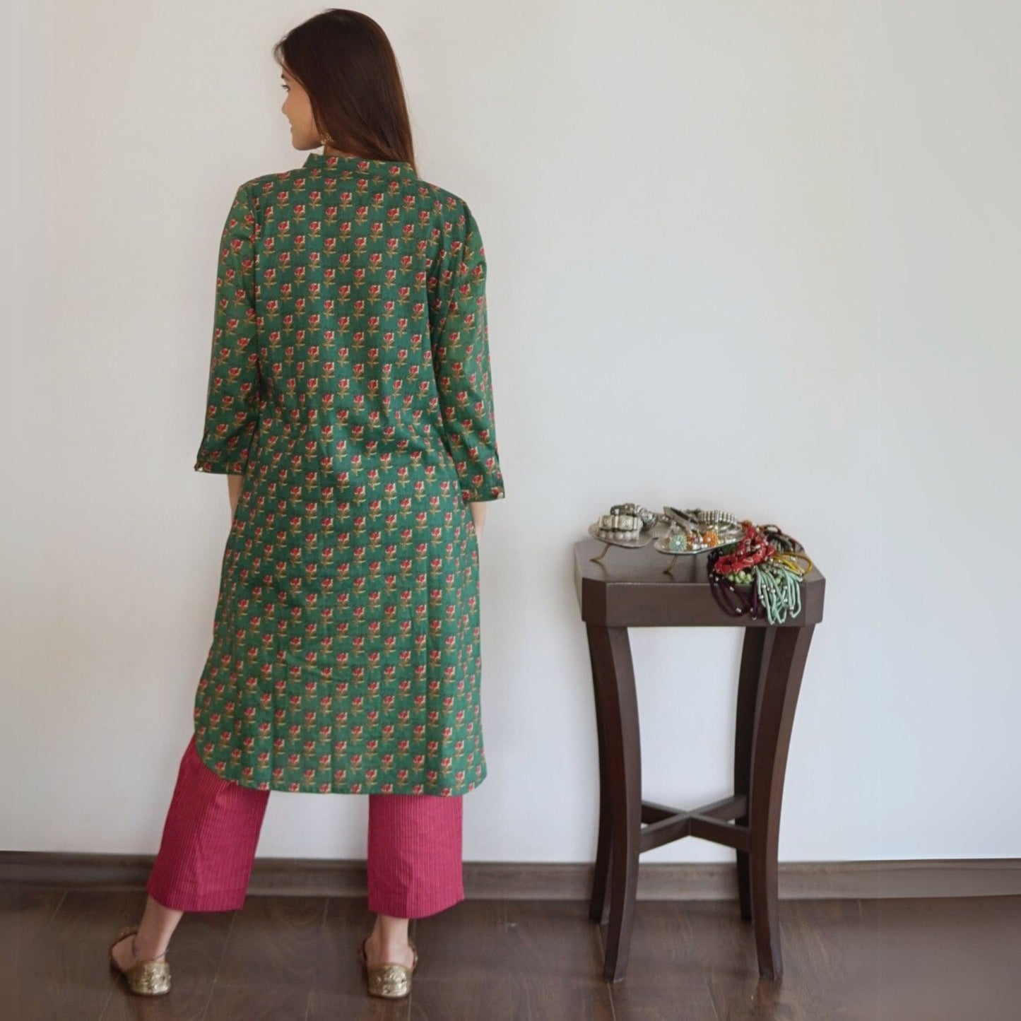 Green Buta Printed Kurta with Kantha Pants
