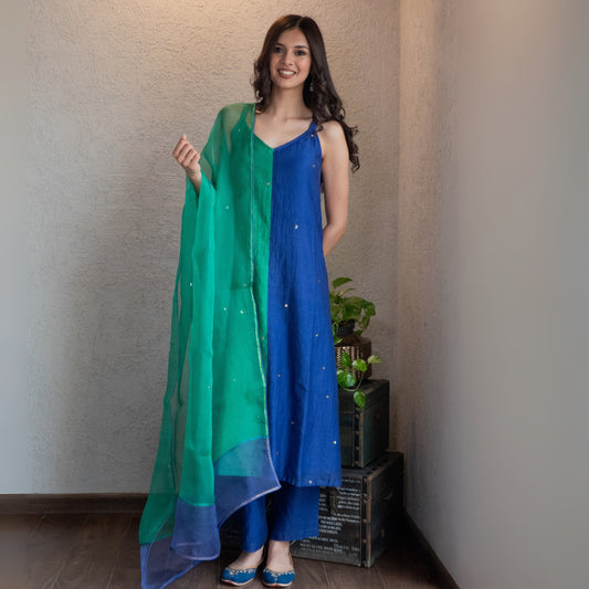 Green & Blue colourblock Chanderi Suit Set with dupatta