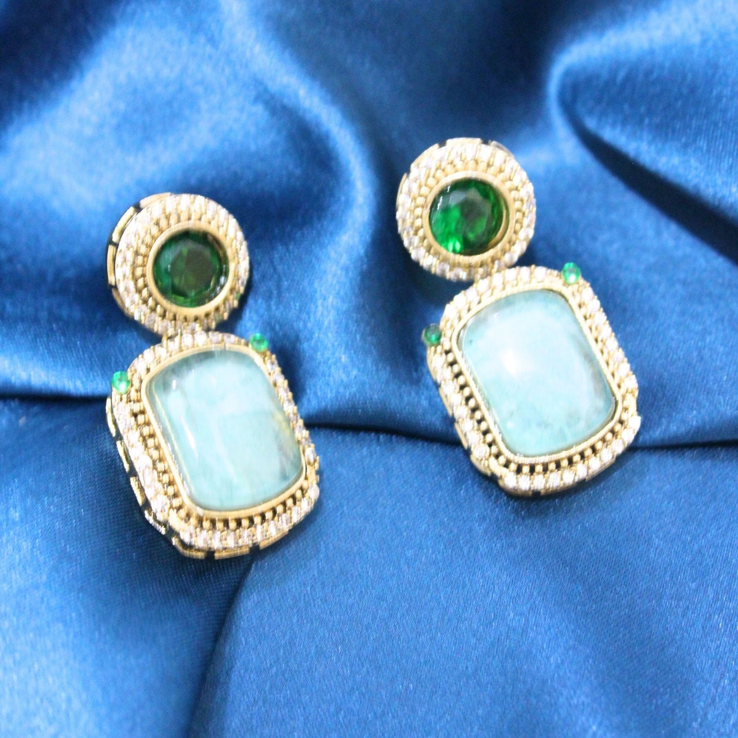 Green Stone Gold-Plated Statement Earrings