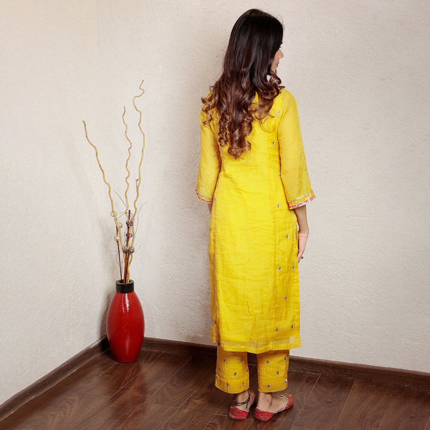 Yellow tissue chanderi hand embroidered V-neck kurta set