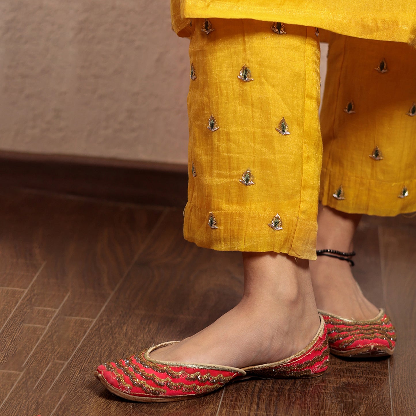 Yellow chanderi hand embroidered V-neck  kurta set with dupatta