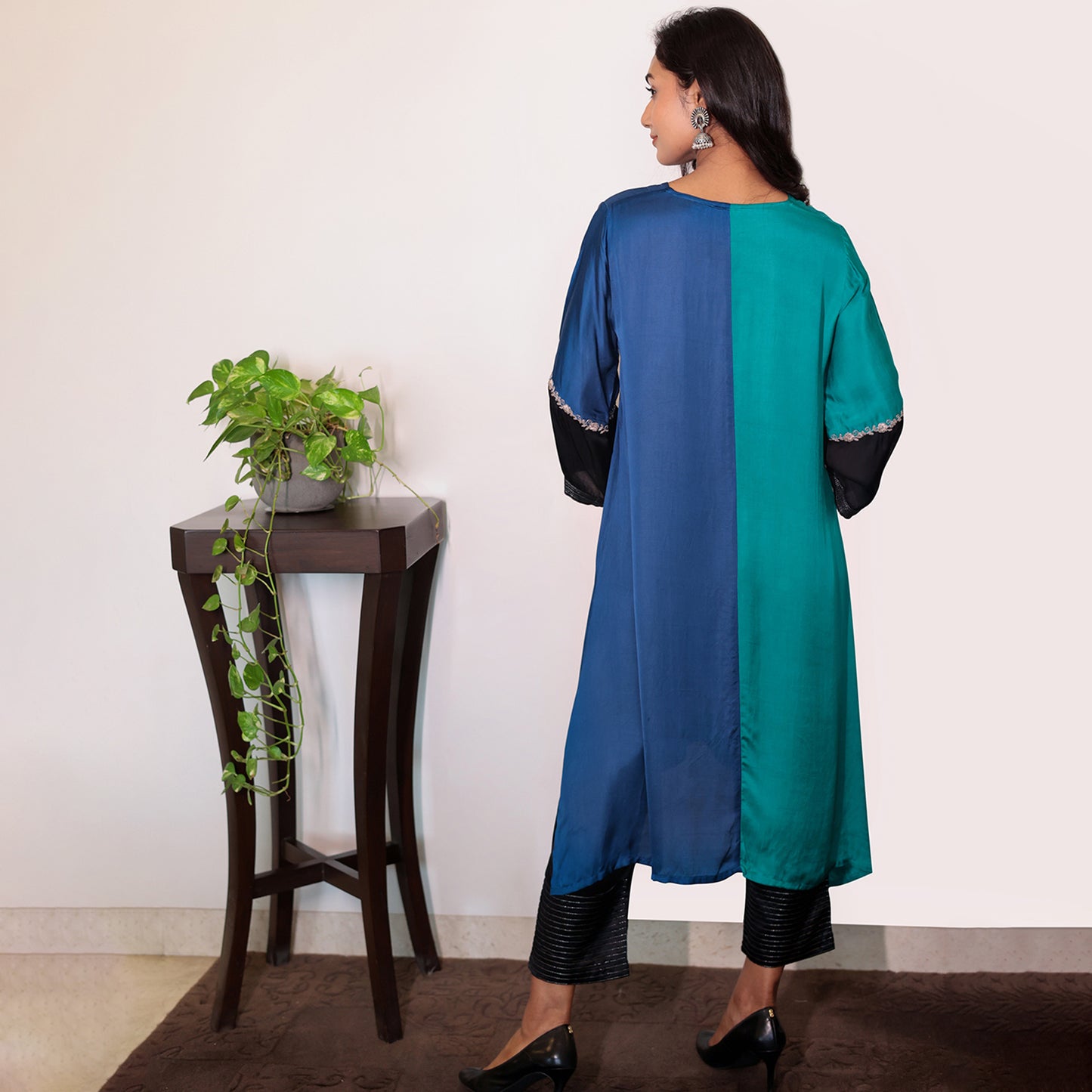 Half & half Modal silk asymmetric kurta with dori work embroidery