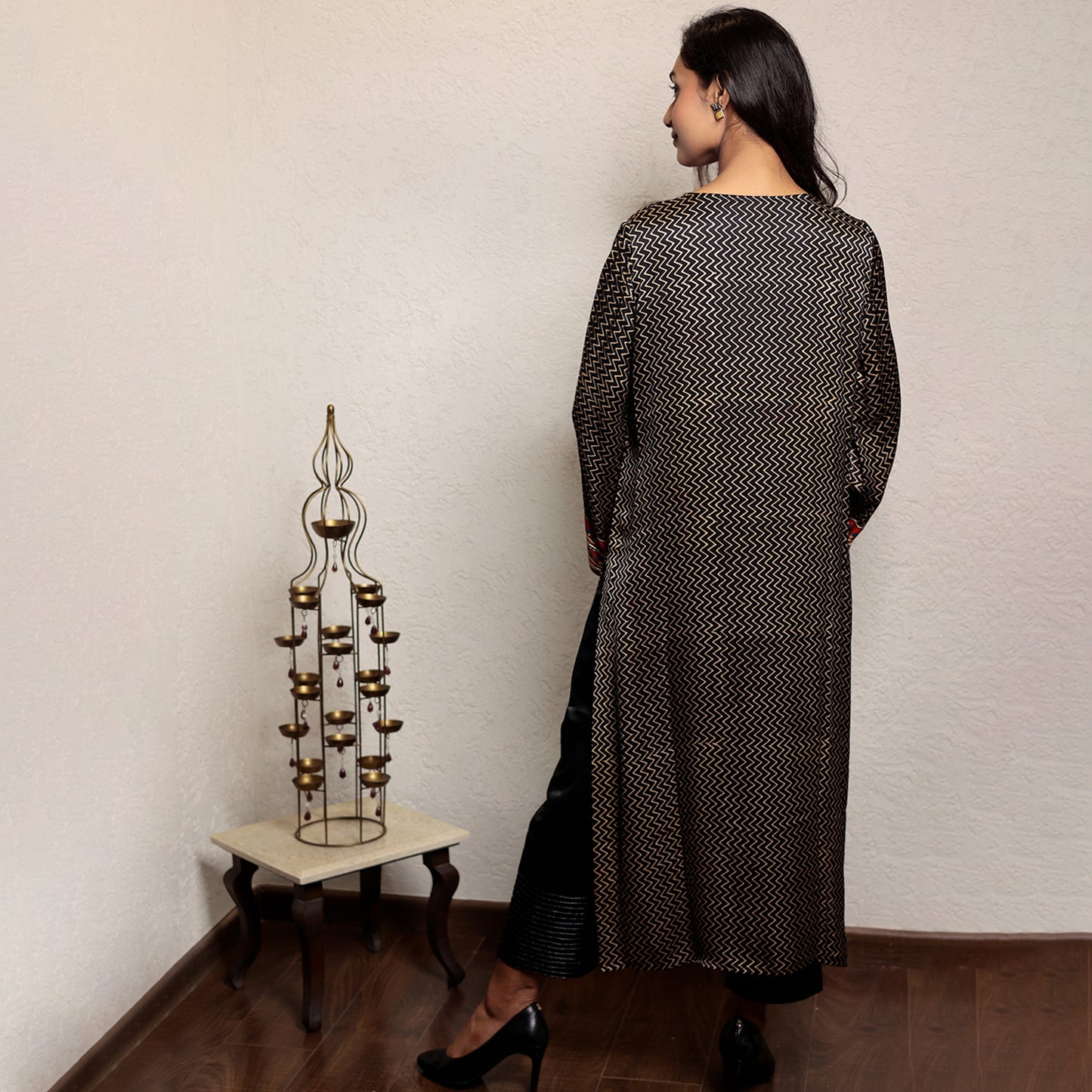 Black hand embroidered zig zag modal silk kurta set