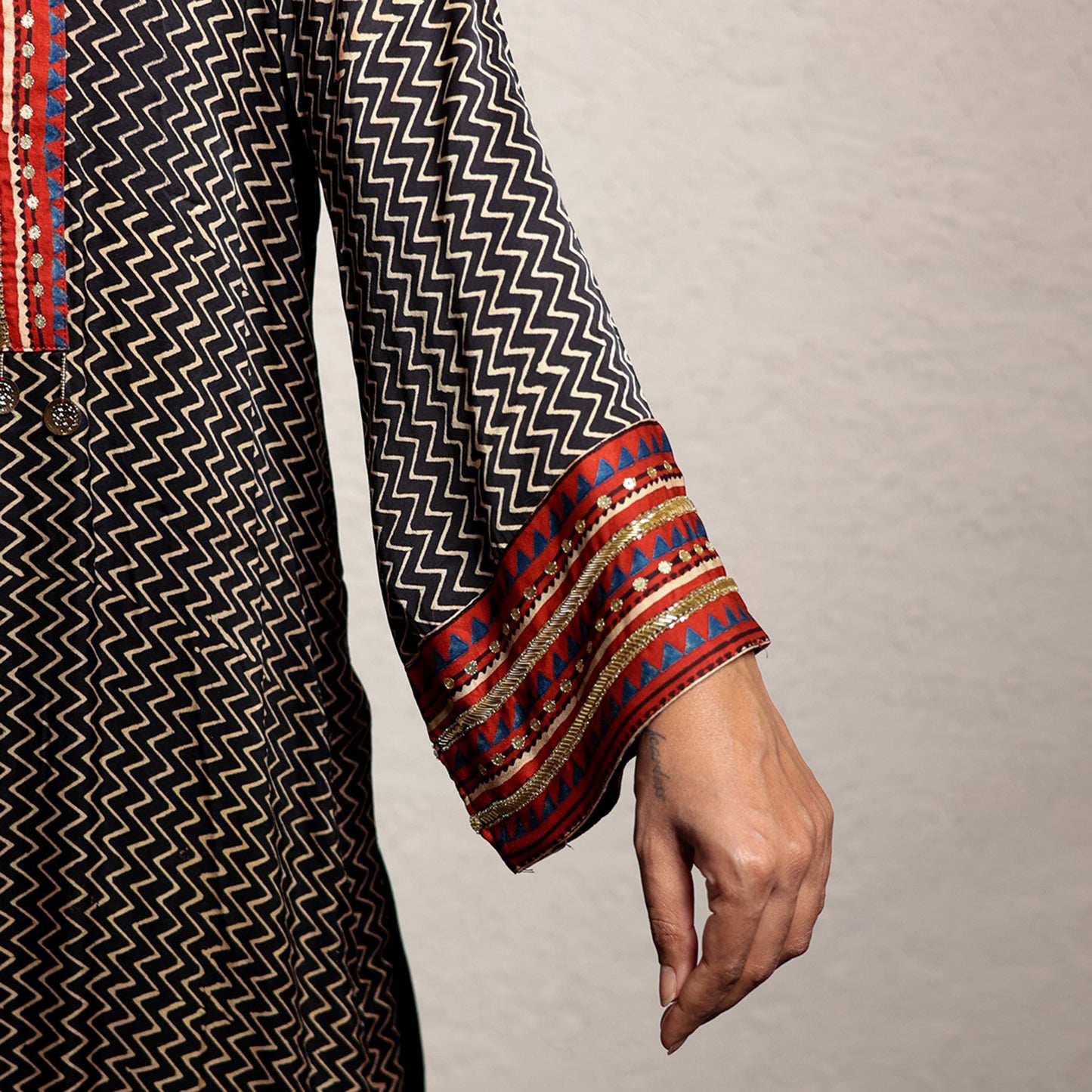 Black hand embroidered zig zag modal silk kurta