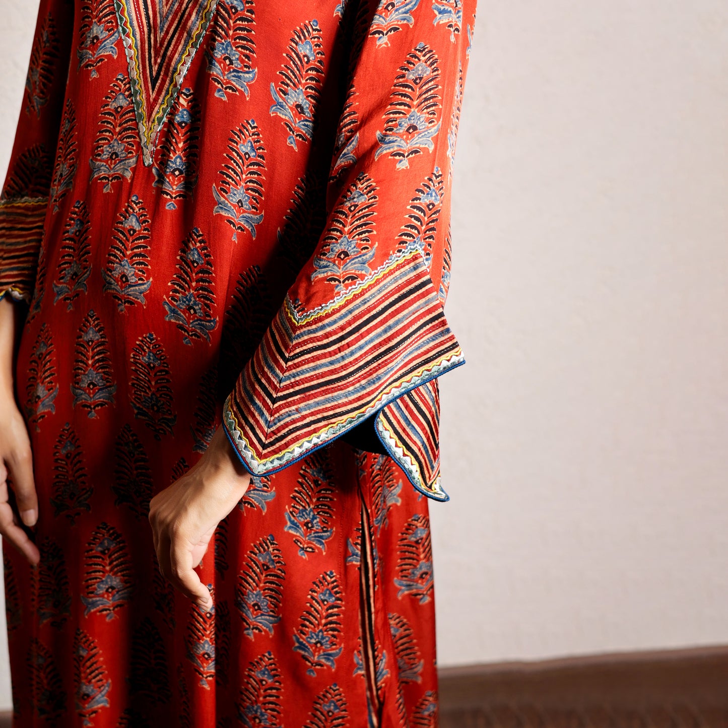 Red ajrakh printed modal silk kurta with exaggerated sleeves