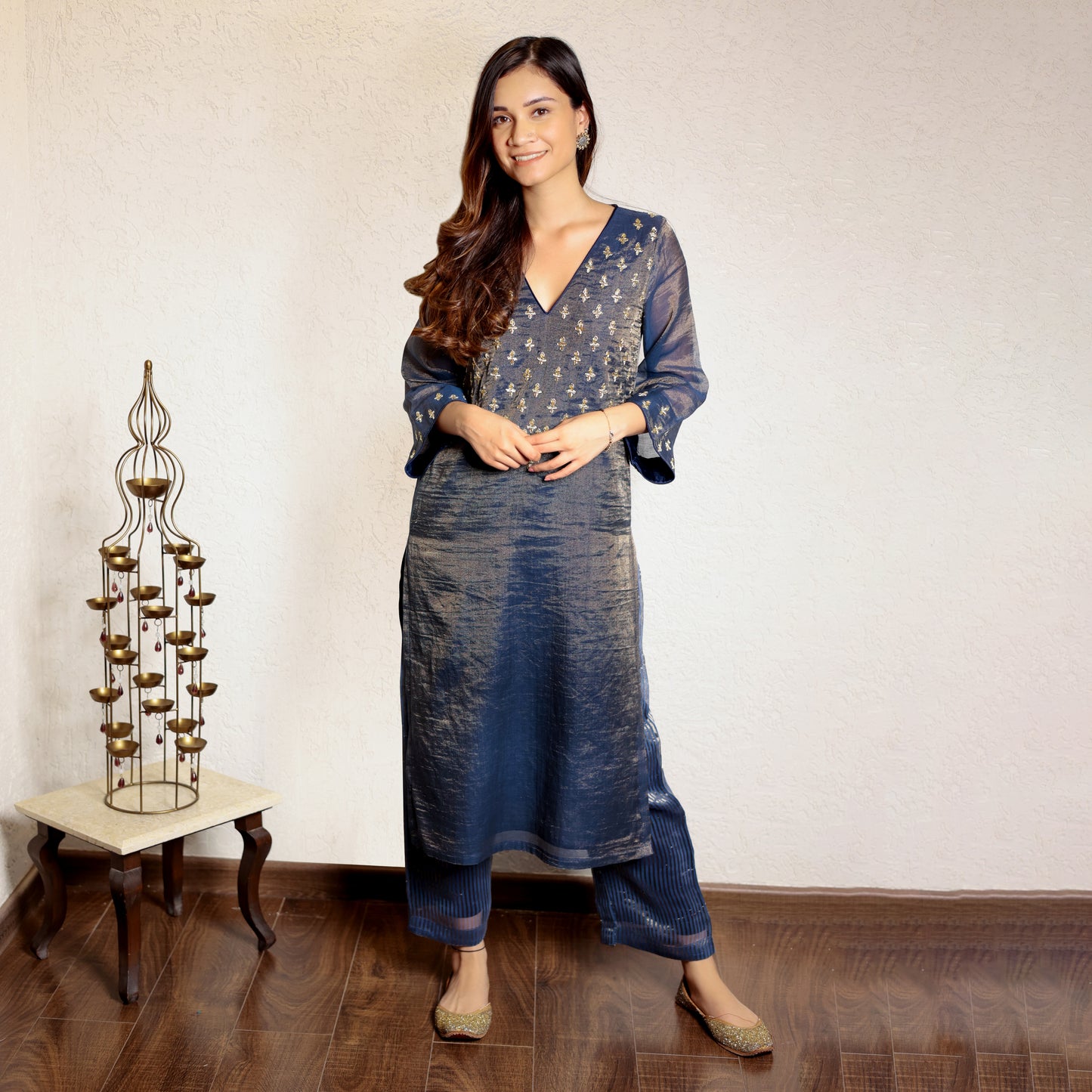 Navy Blue chanderi hand embroidered V-neck kurta set with dupatta