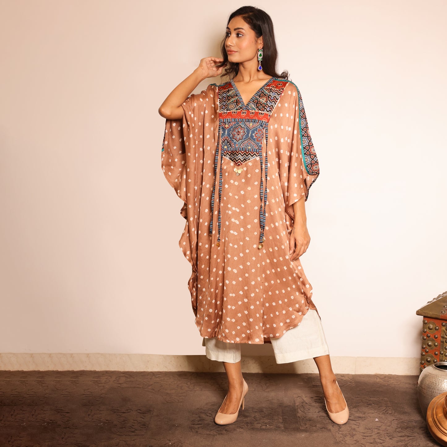 Caramel brown bandhani kaftan with thread and dori work detailing