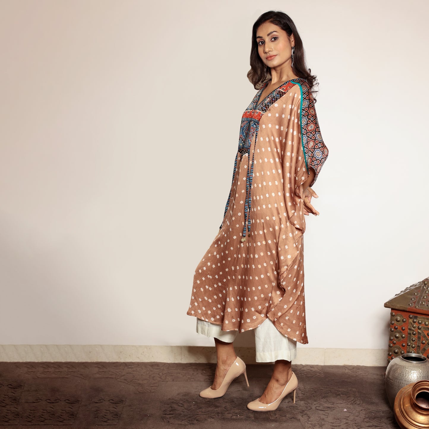 Caramel brown bandhani kaftan with thread and dori work detailing