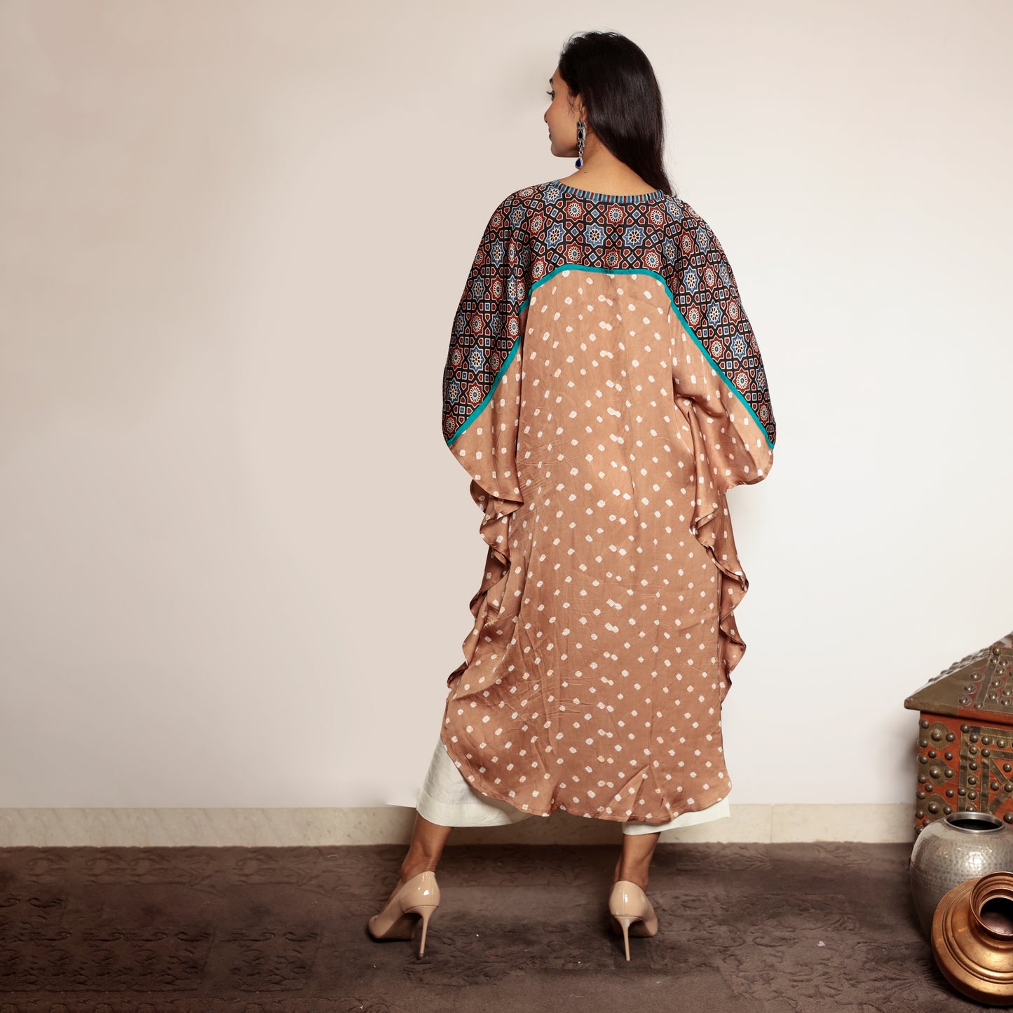 Caramel brown bandhani kaftan with thread and dori work detailing