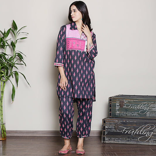 Block Printed navy blue kurta  with yoke detailing