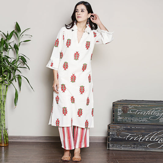 Printed off-white collared A-line kurta
