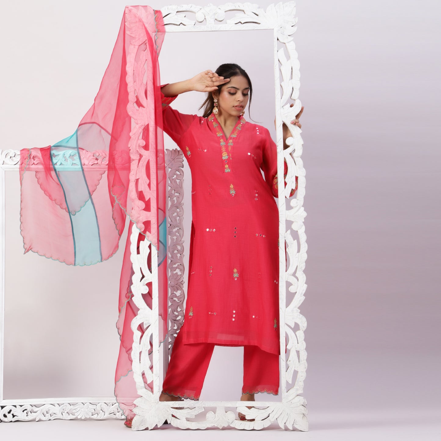 Chanderi embroidered set with organza dupatta
