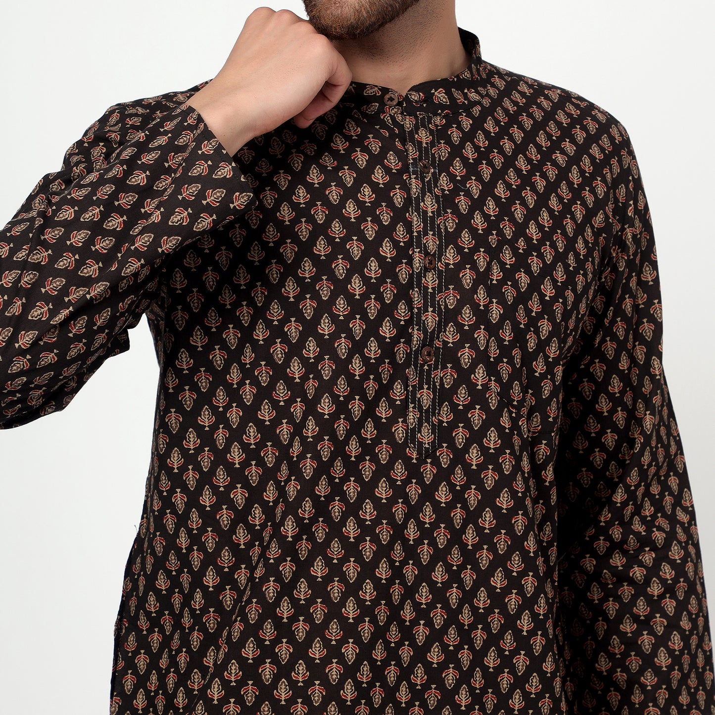 Brown Men's block printed band collar cotton kurta