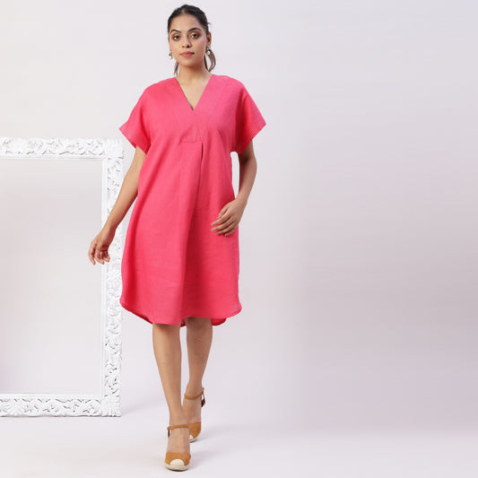 Drop shoulder V neck linen dress