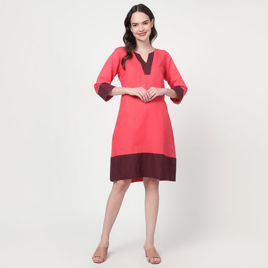 Pink V Neck Knee-length dress