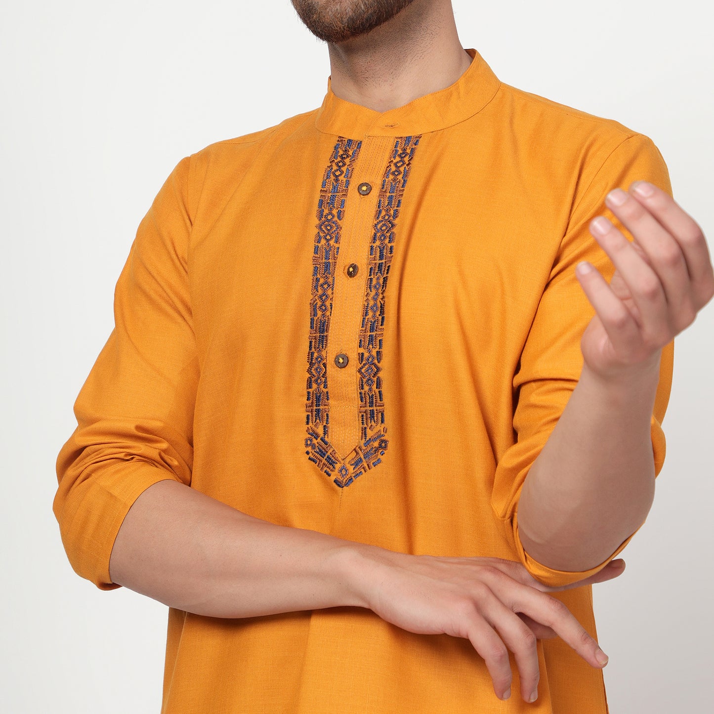 yellow Men's band collar cotton silk kurta