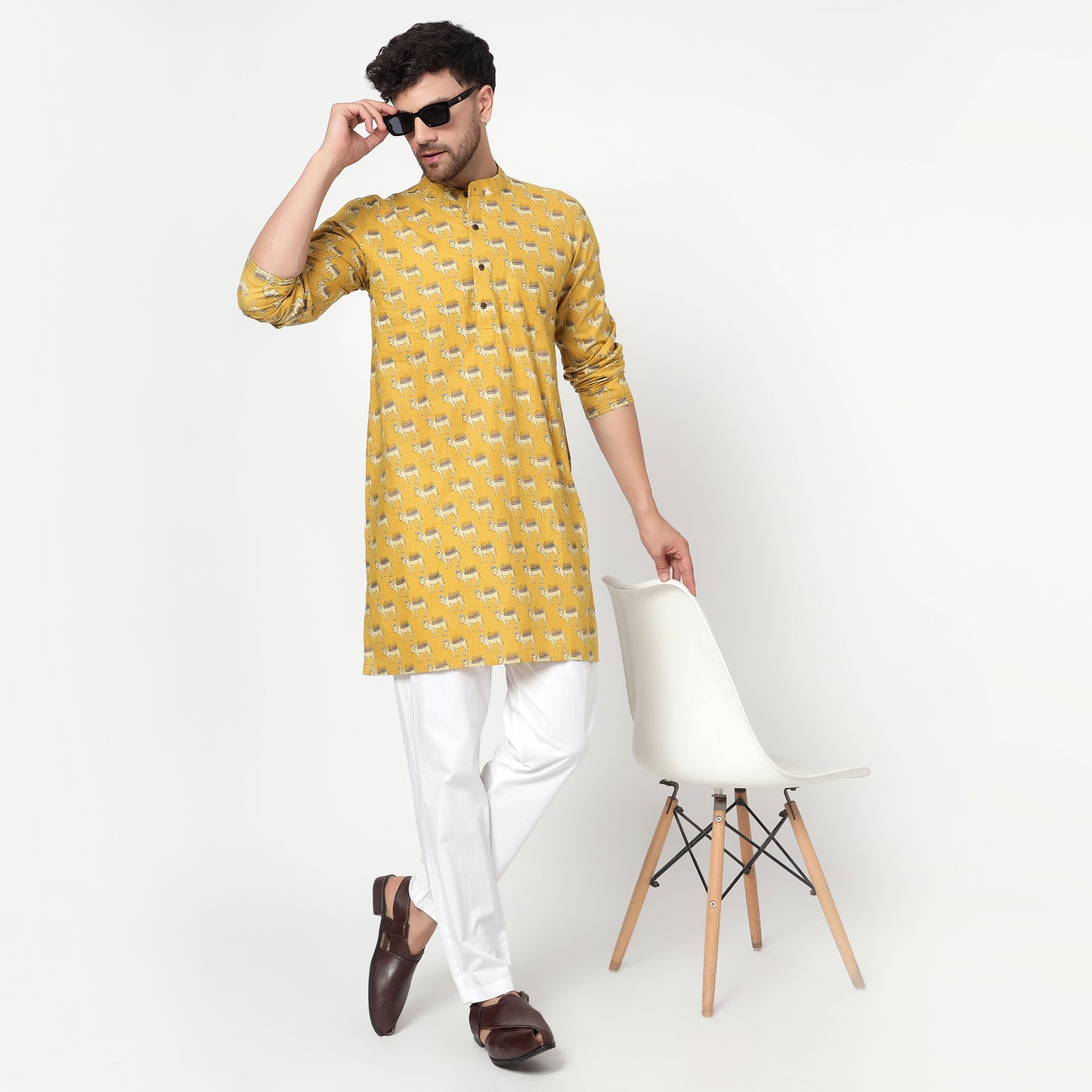 yellow Men's block printed band collar cotton kurta
