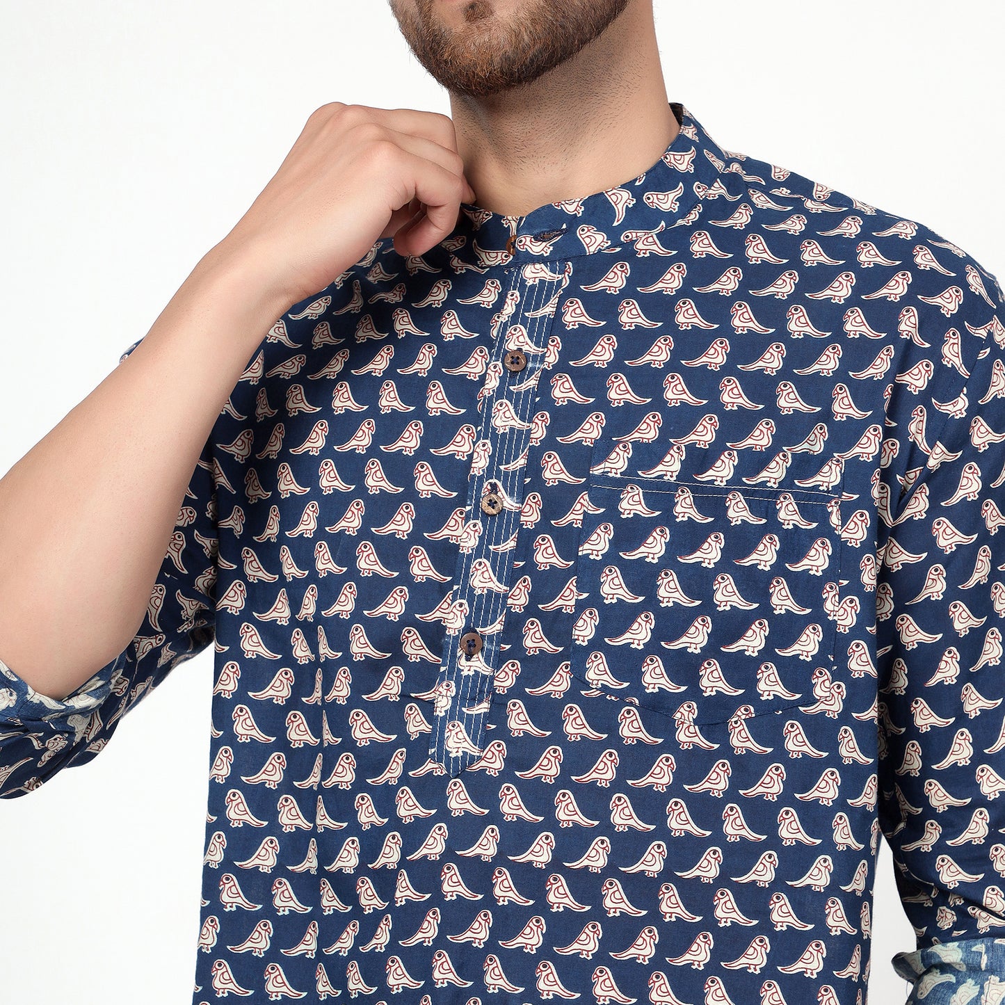 blue Cotton printed full sleeves kurta shirt