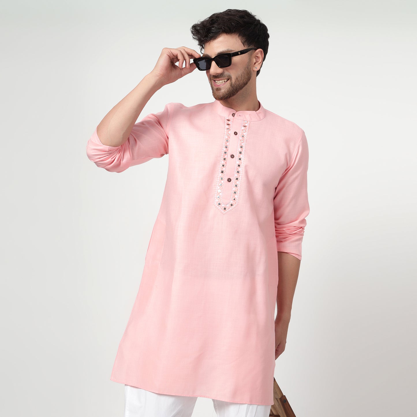 PINK Men's band collar cotton silk kurta
