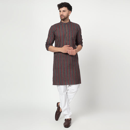 maroon Men's band collar cotton kurta