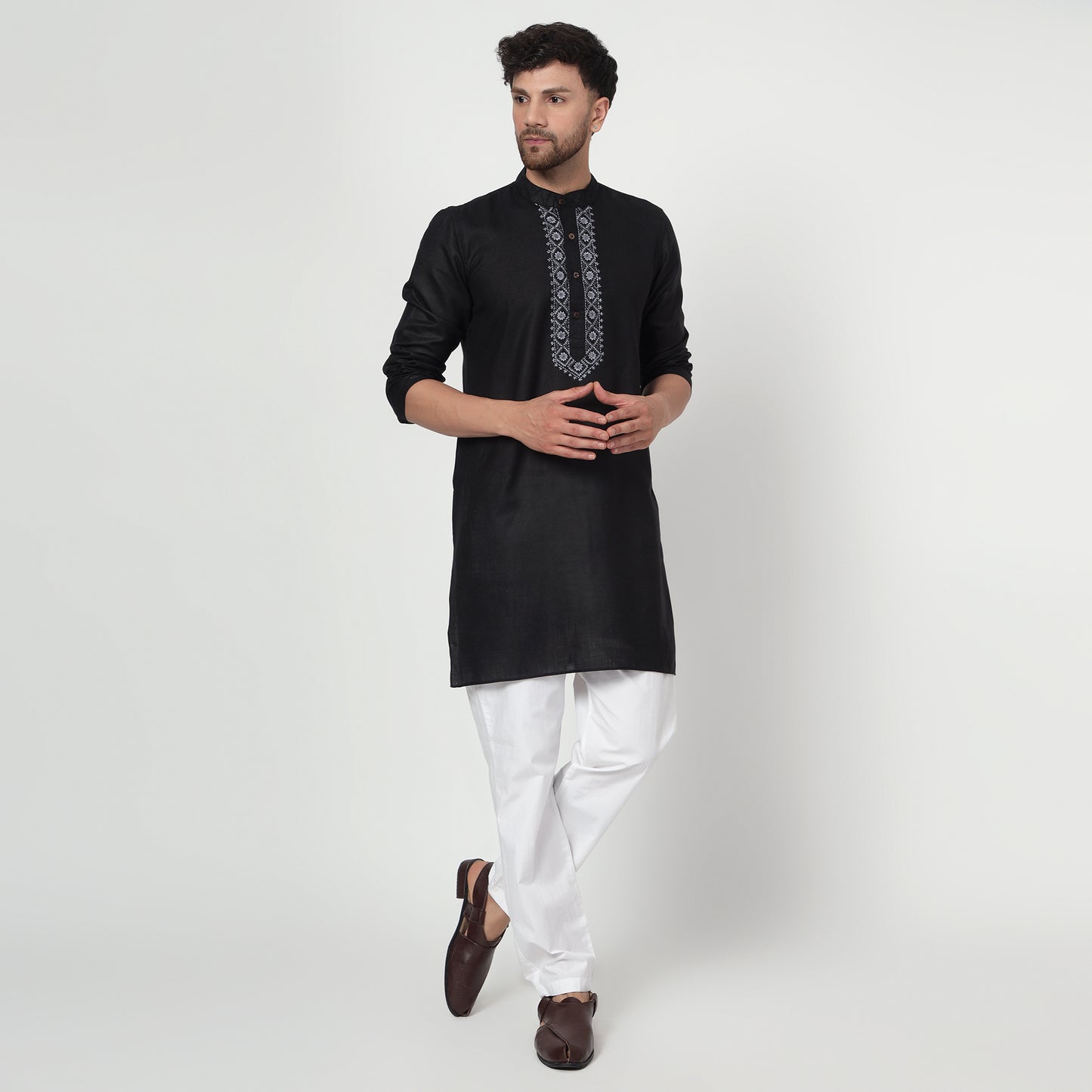 black Men's band collar cotton silk kurta