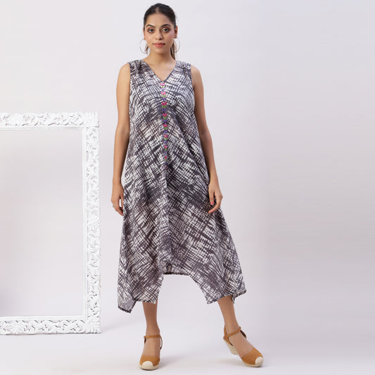 V neck asymmetric shibori dress with mirrorwork