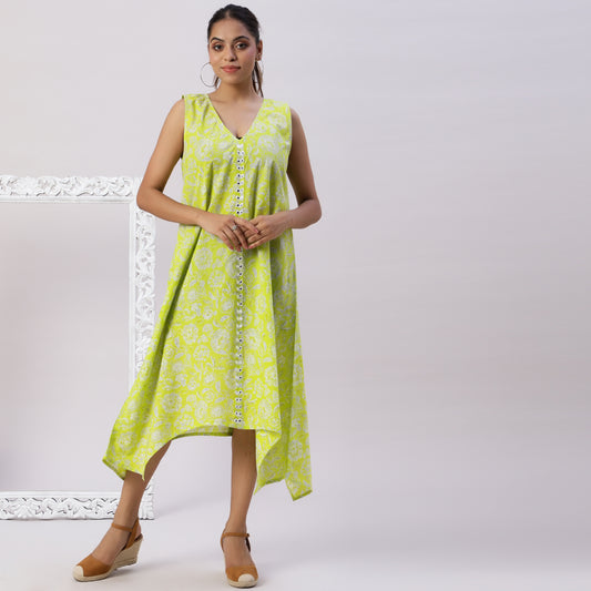 V neck asymmetric printed dress with mirrorwork