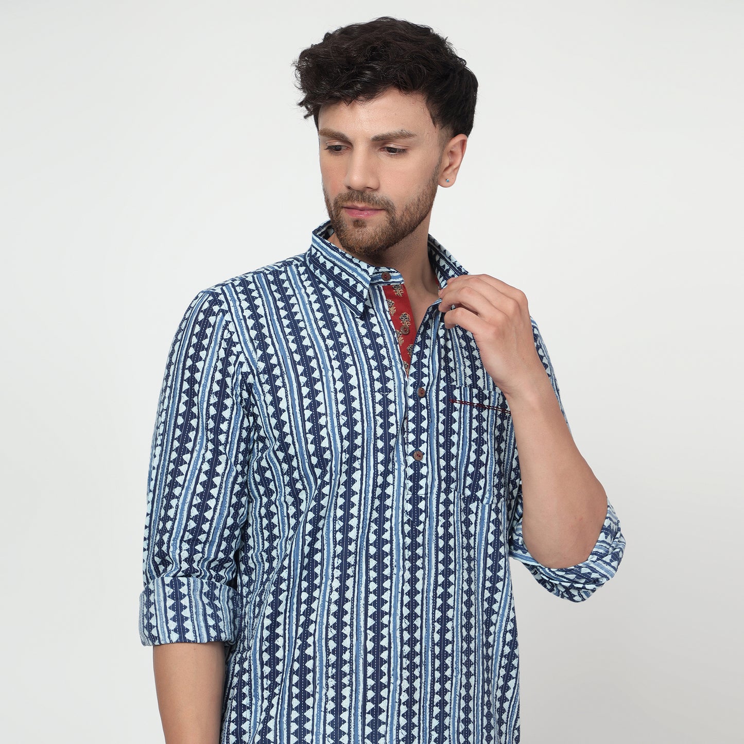 blue Men's printed band collar cotton kurta