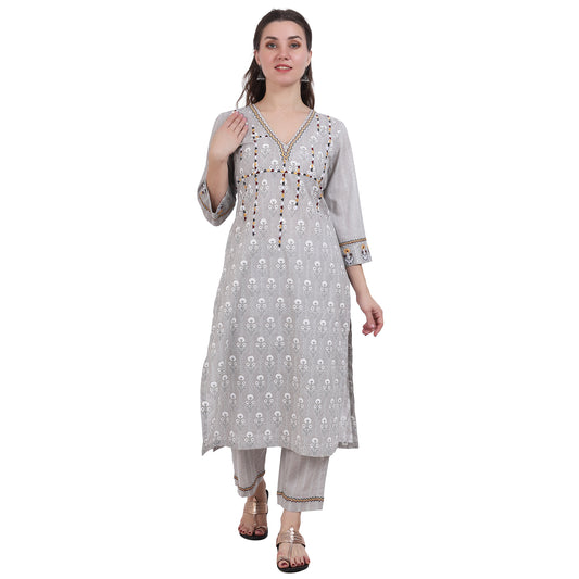 Grey Printed V-neck Kurta Set