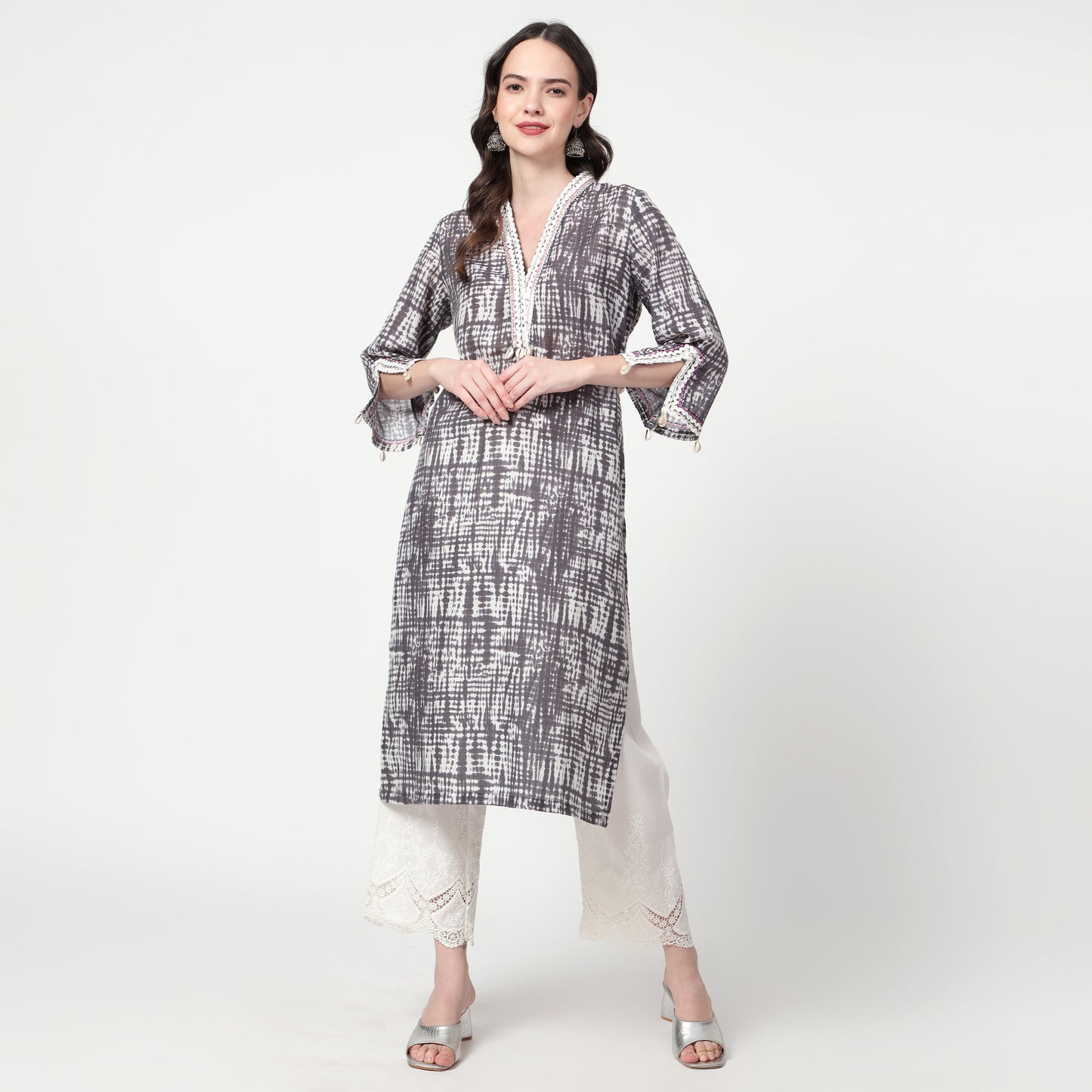Grey Printed lace detailing kurta