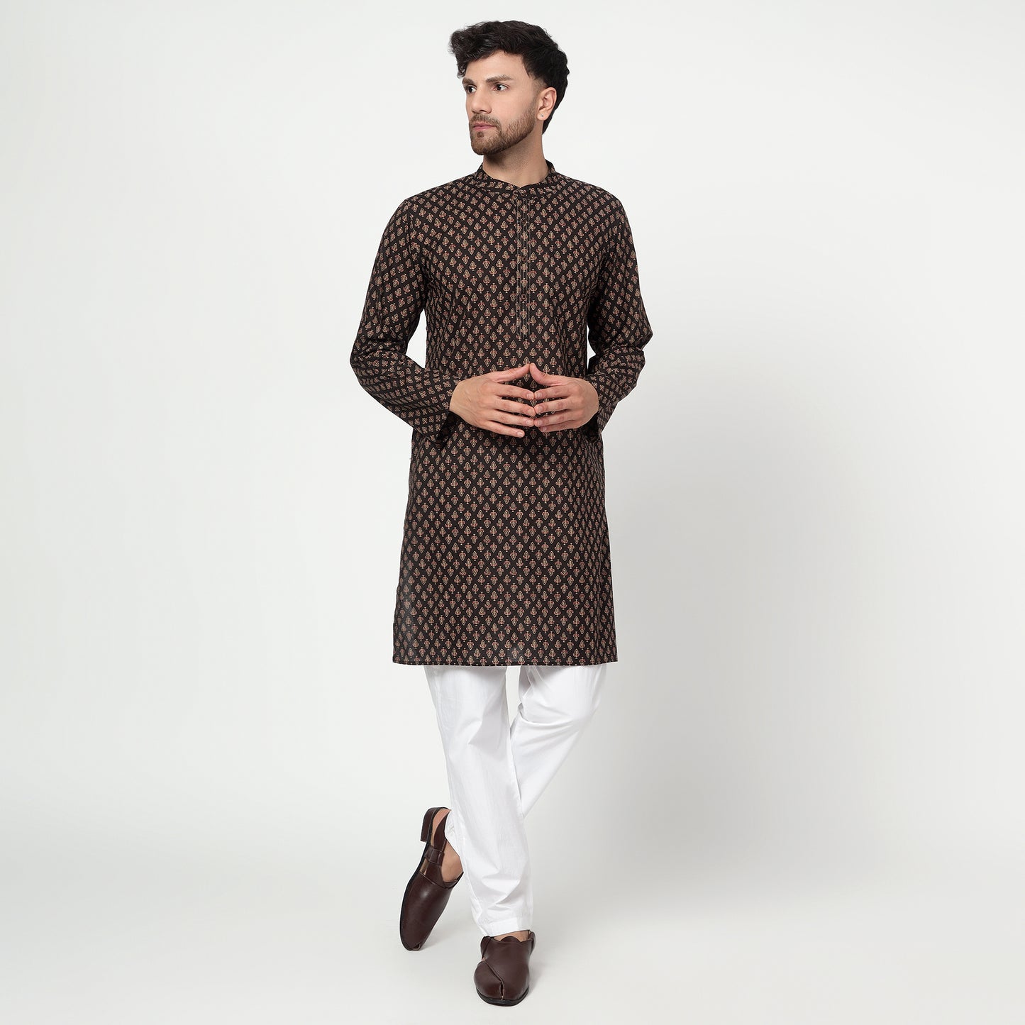 Brown Men's block printed band collar cotton kurta